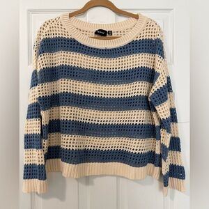 RD Style Cream and Blue Striped Open-Knit Crew Sweater